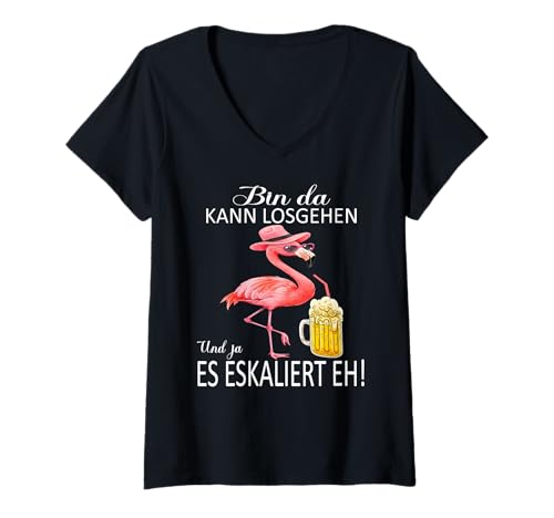 Damen Flamingo Bin da kann losgehen und ja es eskaliert eh Kostüm T-Shirt mit V-Ausschnitt von Flamingo Partykostüm für Mädelsabend Partyshirt
