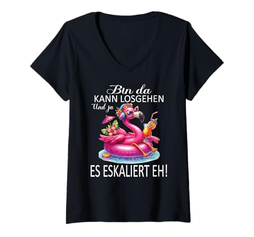 Damen Flamingo Bin da kann losgehen und ja es eskaliert eh Kostüm T-Shirt mit V-Ausschnitt Damen Flamingo Bin da kann losgehen und ja es eskaliert eh Kostüm T-Shirt mit V-Ausschnitt von Flamingo Partykostüm für Mädelsabend Partyshirt