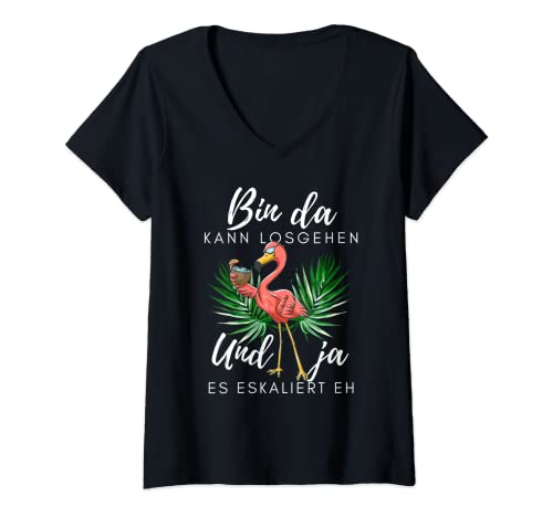 Damen Flamingo Bin da kann losgehen und ja es eskaliert eh T-Shirt mit V-Ausschnitt Damen Flamingo Bin da kann losgehen und ja es eskaliert eh T-Shirt mit V-Ausschnitt von Flamingo Partykostüm für Mädelsabend