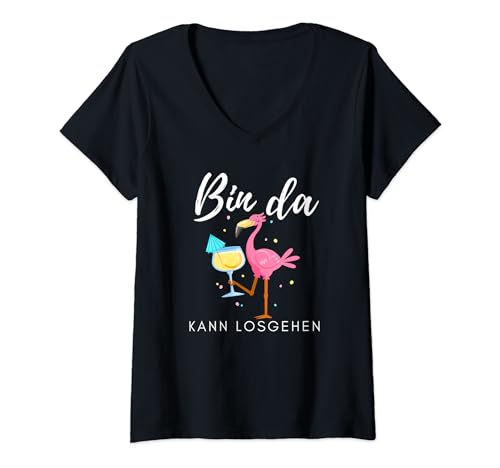 Damen Bin da kann losgehen Flamingo mit Sekt T-Shirt mit V-Ausschnitt von Flamingo Partykostüm mit Sektglas für Mädelsabend
