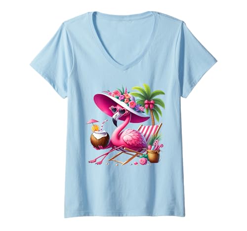 Damen Flamingo Rosa Palme Tropischer Strand Sommer Urlaub Frauen T-Shirt mit V-Ausschnitt von Flamingo Pink Palm Tree Beach Summer Vacation Tees