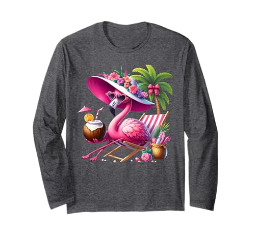 Flamingo Rosa Palme Tropischer Strand Sommer Urlaub Frauen Langarmshirt von Flamingo Pink Palm Tree Beach Summer Vacation Tees
