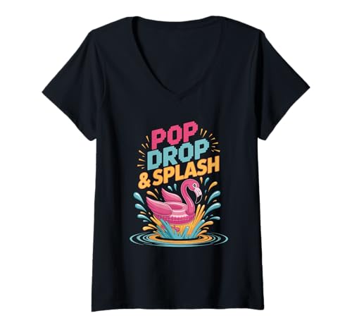 Damen Pop Drop & Splash Flamingo Fun Water T-Shirt mit V-Ausschnitt Damen Pop Drop & Splash Flamingo Fun Water T-Shirt mit V-Ausschnitt von Flamingo Pool Summer Vibes