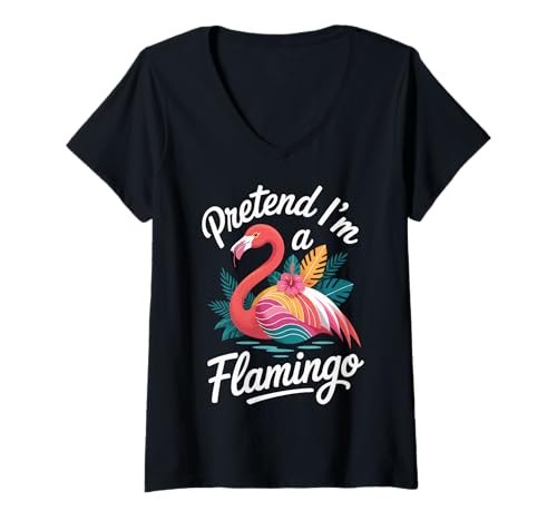 Damen Pretend I'm A Flamingo T-Shirt mit V-Ausschnitt von Flamingo Rosa Tier Kostüm Halloween