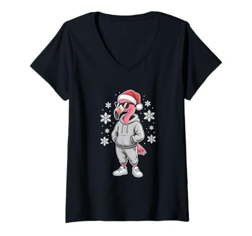 Damen Flamingo in Sonnenbrille Cool Christmas T-Shirt mit V-Ausschnitt von Flamingo Santa Christmas Pajamas
