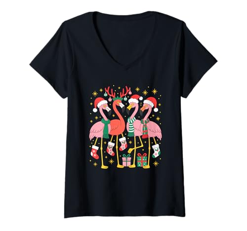 Damen Rosa Flamingo Weihnachtsmannmütze Weihnachtsbeleuchtung T-Shirt mit V-Ausschnitt von Flamingo Santa Hat Tropical Christmas Bird Tee Co.
