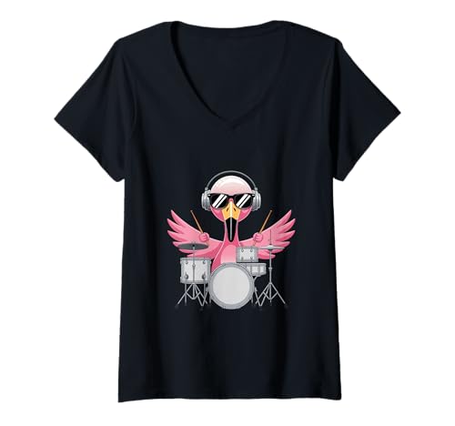 Damen Schlagzeug Drummer Flamingo Mit Kopfhörer Und Sonnenbrille T-Shirt mit V-Ausschnitt von Flamingo Schlagzeug Drummer Musikfestival Band