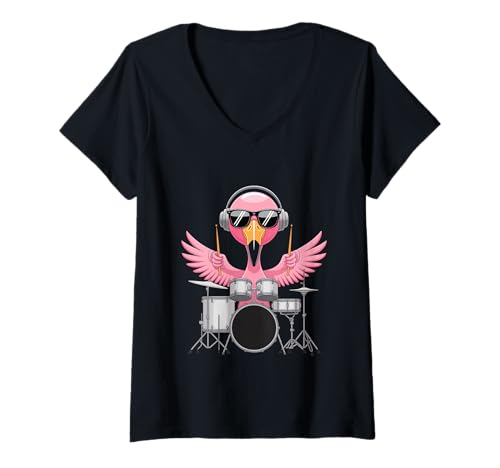 Damen Cooler Flamingo Mit Schlagzeug Kopfhörer Sonnenbrille T-Shirt mit V-Ausschnitt Damen Cooler Flamingo Mit Schlagzeug Kopfhörer Sonnenbrille T-Shirt mit V-Ausschnitt von Flamingo Schlagzeug Musik Drummer Band Festival