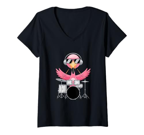 Damen Schlagzeug Beat Flamingo Drummer Mit Kopfhörer T-Shirt mit V-Ausschnitt Damen Schlagzeug Beat Flamingo Drummer Mit Kopfhörer T-Shirt mit V-Ausschnitt von Flamingo Schlagzeuger Musik Band Drummer