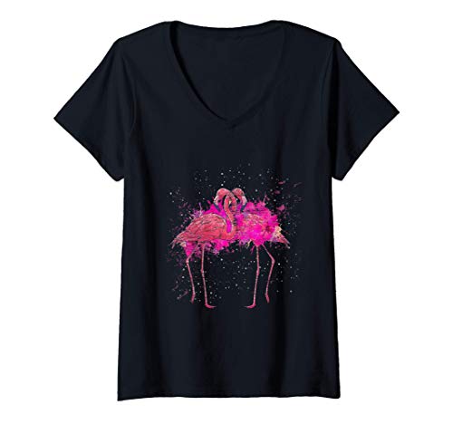 Damen Pinker Flamingo T-Shirt mit V-Ausschnitt von Flamingo Sprüche