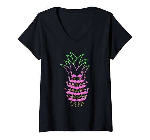 Damen Ananas Flamingo Tropical Fruit T-Shirt mit V-Ausschnitt Damen Ananas Flamingo Tropical Fruit T-Shirt mit V-Ausschnitt von Flamingo Tropic Pinapple
