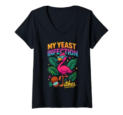 Damen Tropischer Flamingo lustiger juckender Sommer-Witz Humor T-Shirt mit V-Ausschnitt Damen Tropischer Flamingo lustiger juckender Sommer-Witz Humor T-Shirt mit V-Ausschnitt von Flamingo Vibes With Too Much Coconut