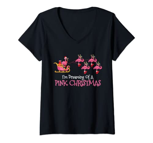 Damen I'm Dreaming Of A Pink Christmas Weihnachten Flamingo T-Shirt mit V-Ausschnitt Damen I'm Dreaming Of A Pink Christmas Weihnachten Flamingo T-Shirt mit V-Ausschnitt von Flamingo Weihnachten Shop