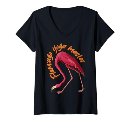 Damen Yoga mit rosa Flamingos T-Shirt mit V-Ausschnitt von Flamingo Yoga