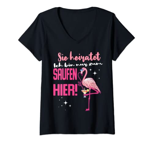 Damen Ich bin nur zum saufen hier! Flamingo Party JGA Saufen T-Shirt mit V-Ausschnitt Damen Ich bin nur zum saufen hier! Flamingo Party JGA Saufen T-Shirt mit V-Ausschnitt von Flamingo ich bin nur zum saufen hier! Party JGA