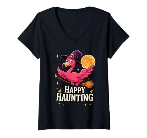 Damen Halloween Pink Flamingo Hexe Happy Haunting Frauen Kinder Mädchen T-Shirt mit V-Ausschnitt von Flamingoween Funny Spooky Flamingo Lover Costume