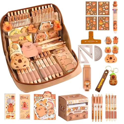 Flanliy Capybara Federmäppchen, 54 Stück Capybara Sachen, Federmäppchen Aesthetic, Capybara Schreibwaren Set mit Stiften, Clips, Linealen und Mehr, Süßes Schreibwaren Geschenkset für Kinder von Flanliy