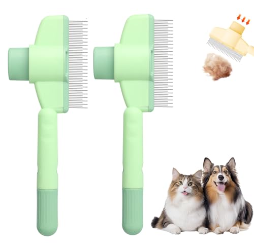 Flohkamm für Katzen, Pfotenmond Bürste, Fellwunder Bürste Hund, Selbstreinigender Katzenkamm mit Langen Und Kurzen MetallzäHne, Ein-Knopf-Reinigung (2*Grün) von Flanliy