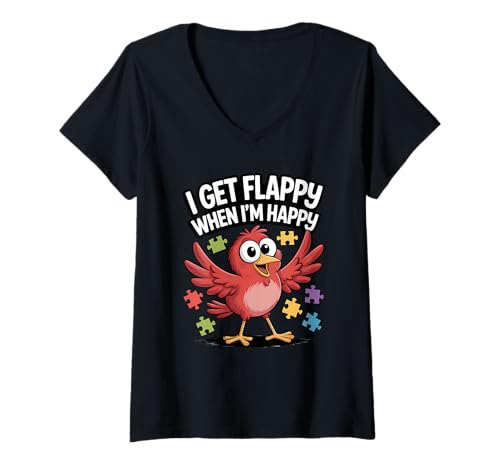 Damen I Get Flappy When I'm Happy Cute Autism Awareness Bird T-Shirt mit V-Ausschnitt Damen I Get Flappy When I'm Happy Cute Autism Awareness Bird T-Shirt mit V-Ausschnitt von Flappy Joyful Autism Spectrum Apparel