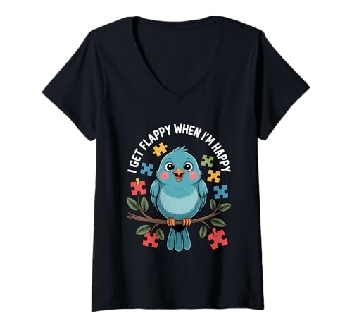 Damen I Get Flappy When I'm Happy Cute Autism Awareness Bird T-Shirt mit V-Ausschnitt Damen I Get Flappy When I'm Happy Cute Autism Awareness Bird T-Shirt mit V-Ausschnitt von Flappy Joyful Autism Spectrum Apparel