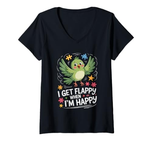 Damen I Get Flappy When I'm Happy Cute Autism Awareness Bird T-Shirt mit V-Ausschnitt Damen I Get Flappy When I'm Happy Cute Autism Awareness Bird T-Shirt mit V-Ausschnitt von Flappy Joyful Autism Spectrum Apparel