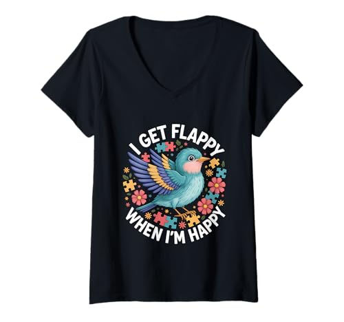 Damen I Get Flappy When I'm Happy Cute Autism Awareness Bird T-Shirt mit V-Ausschnitt Damen I Get Flappy When I'm Happy Cute Autism Awareness Bird T-Shirt mit V-Ausschnitt von Flappy Joyful Autism Spectrum Apparel