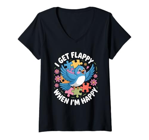 Damen I Get Flappy When I'm Happy Cute Autism Awareness Bird T-Shirt mit V-Ausschnitt Damen I Get Flappy When I'm Happy Cute Autism Awareness Bird T-Shirt mit V-Ausschnitt von Flappy Joyful Autism Spectrum Apparel