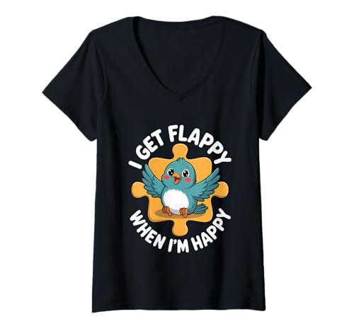 Damen I Get Flappy When I'm Happy Cute Autism Awareness Bird T-Shirt mit V-Ausschnitt Damen I Get Flappy When I'm Happy Cute Autism Awareness Bird T-Shirt mit V-Ausschnitt von Flappy Joyful Autism Spectrum Apparel