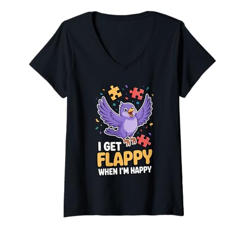 Damen I Get Flappy When I'm Happy Cute Autism Awareness Bird T-Shirt mit V-Ausschnitt Damen I Get Flappy When I'm Happy Cute Autism Awareness Bird T-Shirt mit V-Ausschnitt von Flappy Joyful Autism Spectrum Apparel
