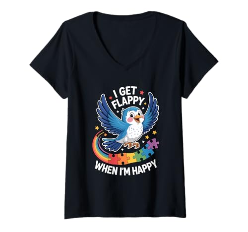 Damen I Get Flappy When I'm Happy Cute Autism Awareness Bird T-Shirt mit V-Ausschnitt Damen I Get Flappy When I'm Happy Cute Autism Awareness Bird T-Shirt mit V-Ausschnitt von Flappy Joyful Autism Spectrum Apparel
