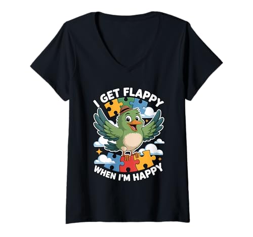 Damen I Get Flappy When I'm Happy Cute Autism Awareness Bird T-Shirt mit V-Ausschnitt Damen I Get Flappy When I'm Happy Cute Autism Awareness Bird T-Shirt mit V-Ausschnitt von Flappy Joyful Autism Spectrum Apparel