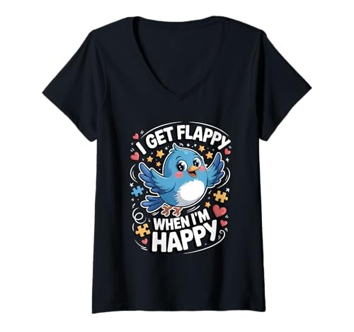 Damen I Get Flappy When I'm Happy Cute Autism Awareness Bird T-Shirt mit V-Ausschnitt Damen I Get Flappy When I'm Happy Cute Autism Awareness Bird T-Shirt mit V-Ausschnitt von Flappy Joyful Autism Spectrum Apparel