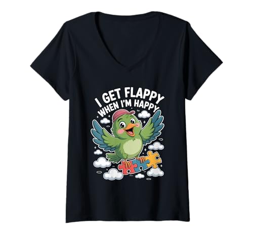 Damen I Get Flappy When I'm Happy Cute Autism Awareness Bird T-Shirt mit V-Ausschnitt Damen I Get Flappy When I'm Happy Cute Autism Awareness Bird T-Shirt mit V-Ausschnitt von Flappy Joyful Autism Spectrum Apparel