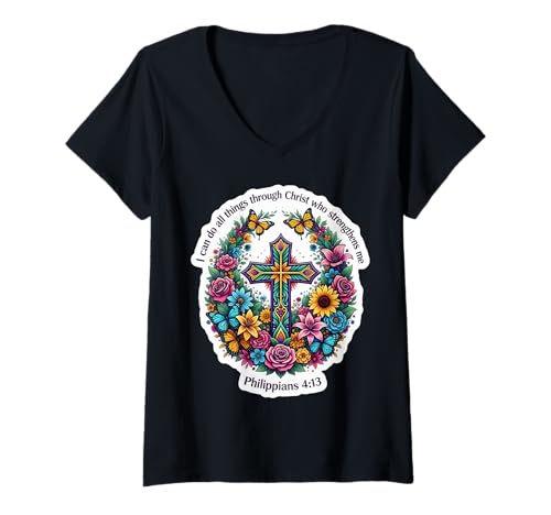 Damen Flaral Bibelzitat Vers Philipper 4:13 Christliches Kreuz T-Shirt mit V-Ausschnitt Damen Flaral Bibelzitat Vers Philipper 4:13 Christliches Kreuz T-Shirt mit V-Ausschnitt von Flaral Bible Quote Verse Philippians 4:13 Products