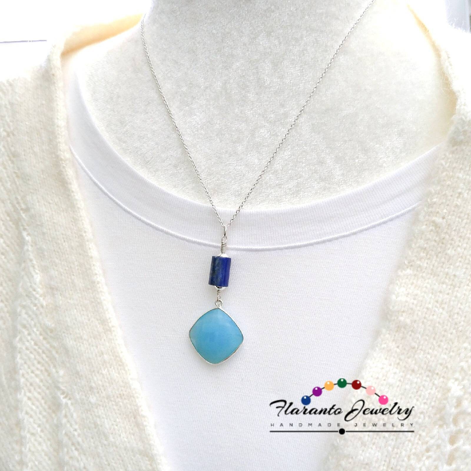 Blaue Onyx Und Blau Lapis Halskette, Sterling Silber Edelstein Kette Anhänger Peandant, Geschenk von FlarantoJewelry