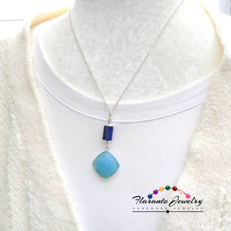 Blaue Onyx Und Blau Lapis Halskette, Sterling Silber Edelstein Kette Anhänger Peandant, Geschenk Blaue Onyx Und Blau Lapis Halskette, Sterling Silber Edelstein Kette Anhänger Peandant, Geschenk von FlarantoJewelry