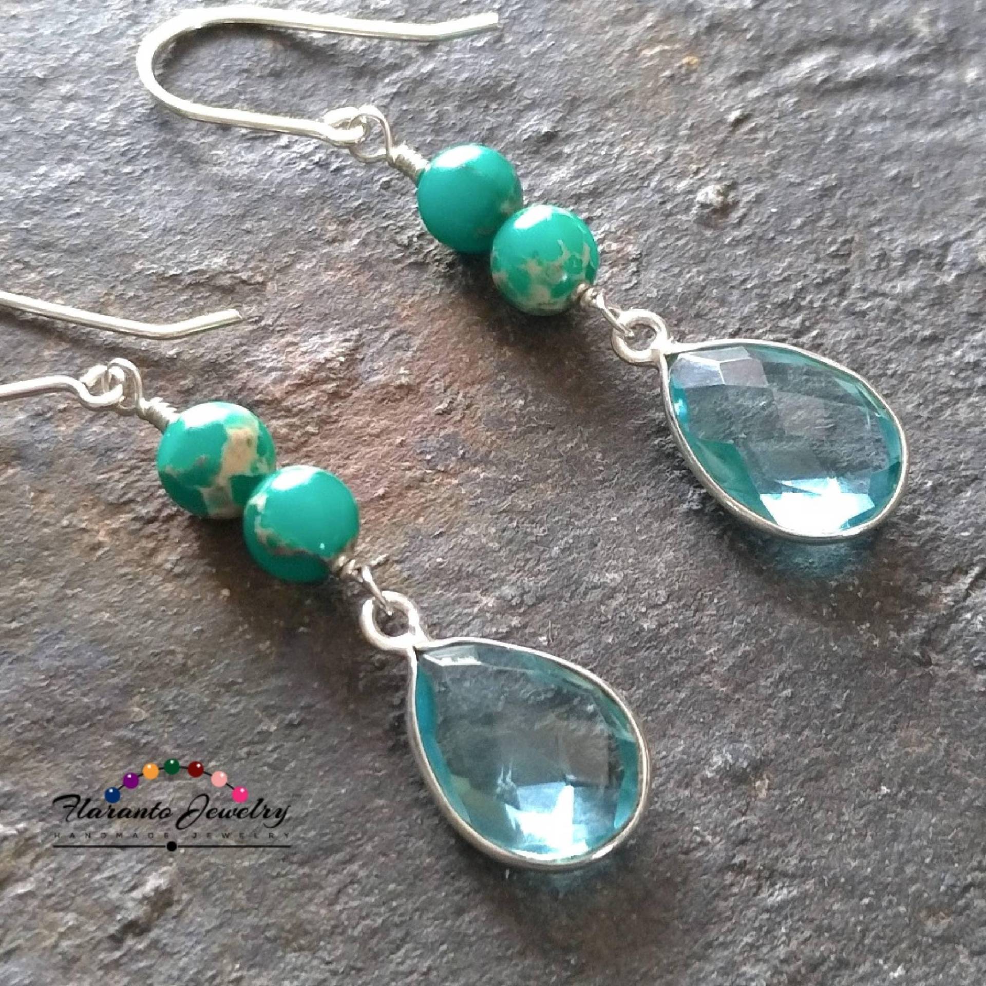 Blaue Topas Und Jaspis Ohrringe, Grüne Eindruck Blaue Sterling Silber Kostenloser Versand, Geschenk Für Sie von FlarantoJewelry