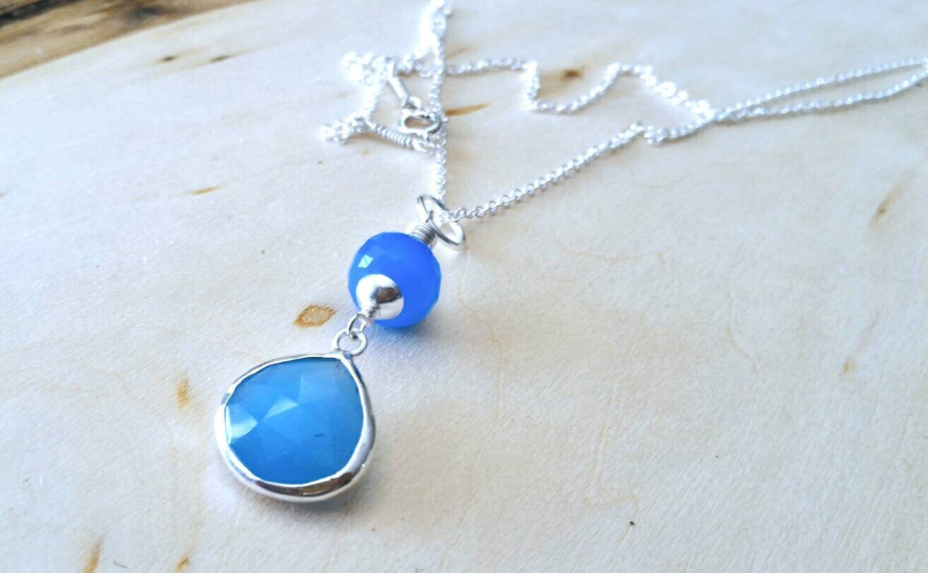 Doppelseitige Blaue Chalcedon Anhänger, Teardrop Sterling Silber Und Edelstein Anhänger Halskette, Geschenk Für Sie von FlarantoJewelry