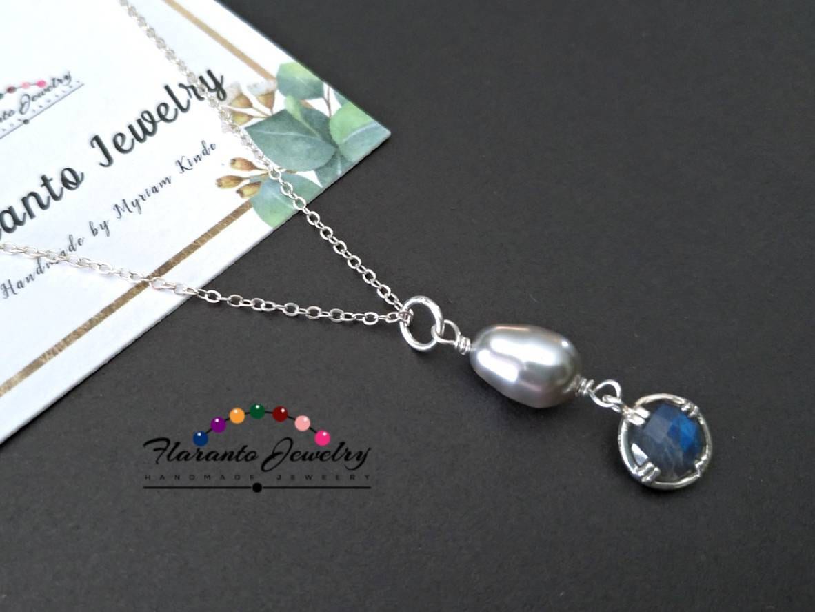 Doppelseitige Natürliche Labradorit Und Swarovski Perle Kette Anhänger, Edelstein Anhänger Halskette, Geschenk Für Sie von FlarantoJewelry