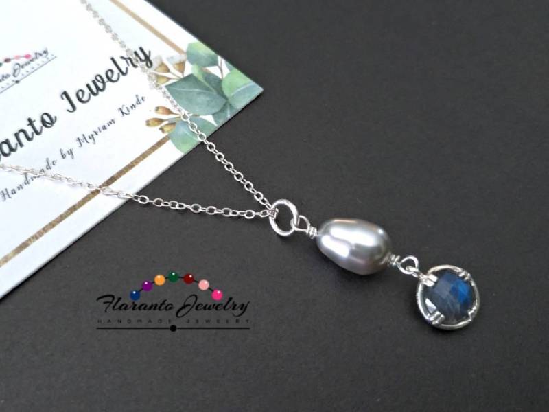 Doppelseitige Natürliche Labradorit Und Swarovski Perle Kette Anhänger, Edelstein Anhänger Halskette, Geschenk Für Sie von FlarantoJewelry