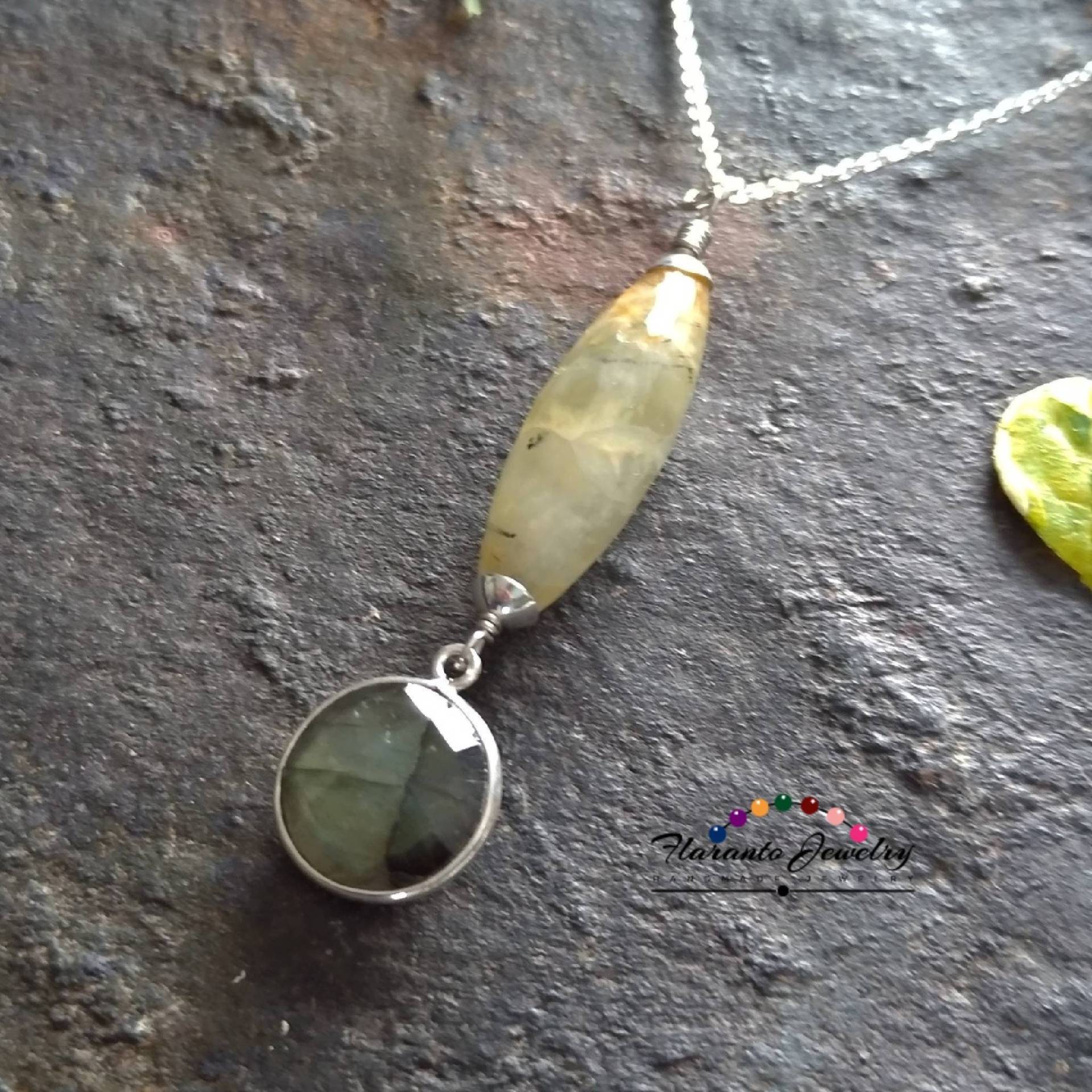 Labrodorit Und Prehnit Anhänger, Sterling Silber Halskette, Anhänger Kette, Edelstein-Kette-Anhänger, Geschenk Für Sie von FlarantoJewelry