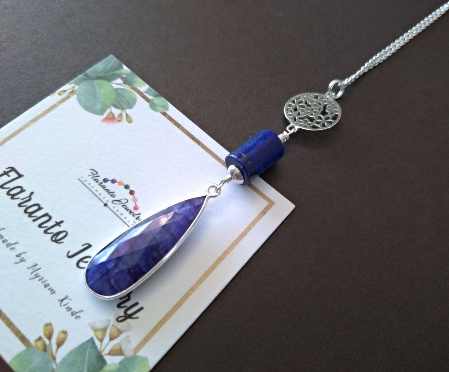 Lapis Und Saphir-Kette Anhänger, Sterling Silber Halskette, Blume Link Kostenloser Versand, Geschenk Für Sie von FlarantoJewelry