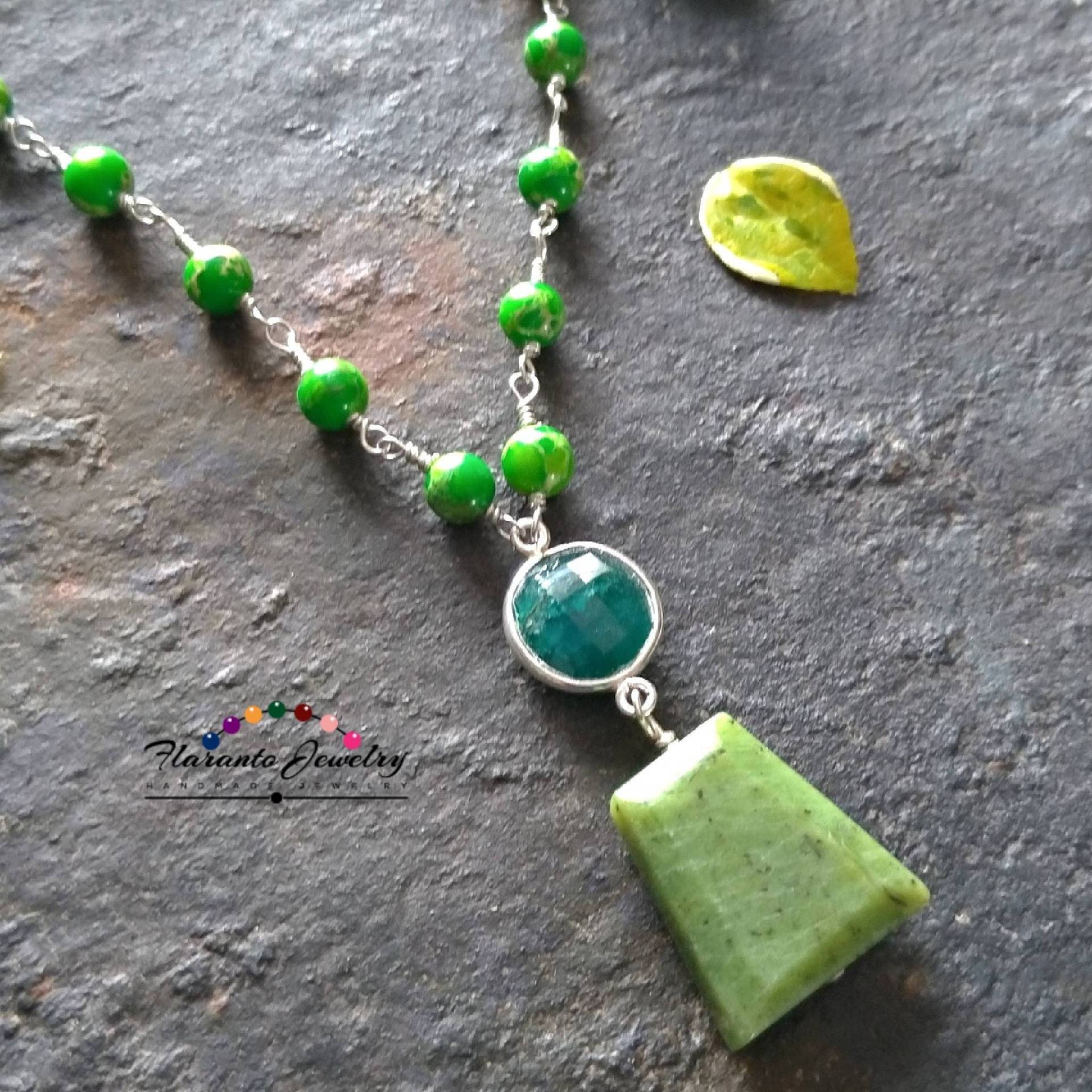 Lime Impression Jaspis Halskette, Sterling Silber Edelstein Kette Und Smaragd Kostenloser Versand, Geschenk Für Sie von FlarantoJewelry