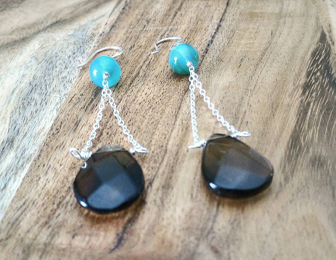 Rauchige Quarz Teardrop Ohrringe, Blau Achat Und Rauchigen Edelstein Sterling Silber Geschenk Für Sie von FlarantoJewelry