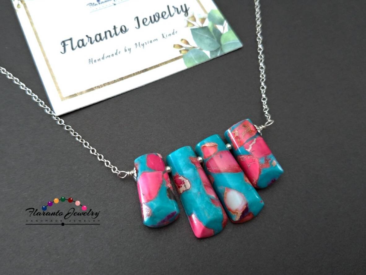 Rosa Und Blau Eindruck Jaspis Halskette, Edelstein Rosa Sterling Silber Kette Kostenloser Versand, Geschenk Für Sie von FlarantoJewelry