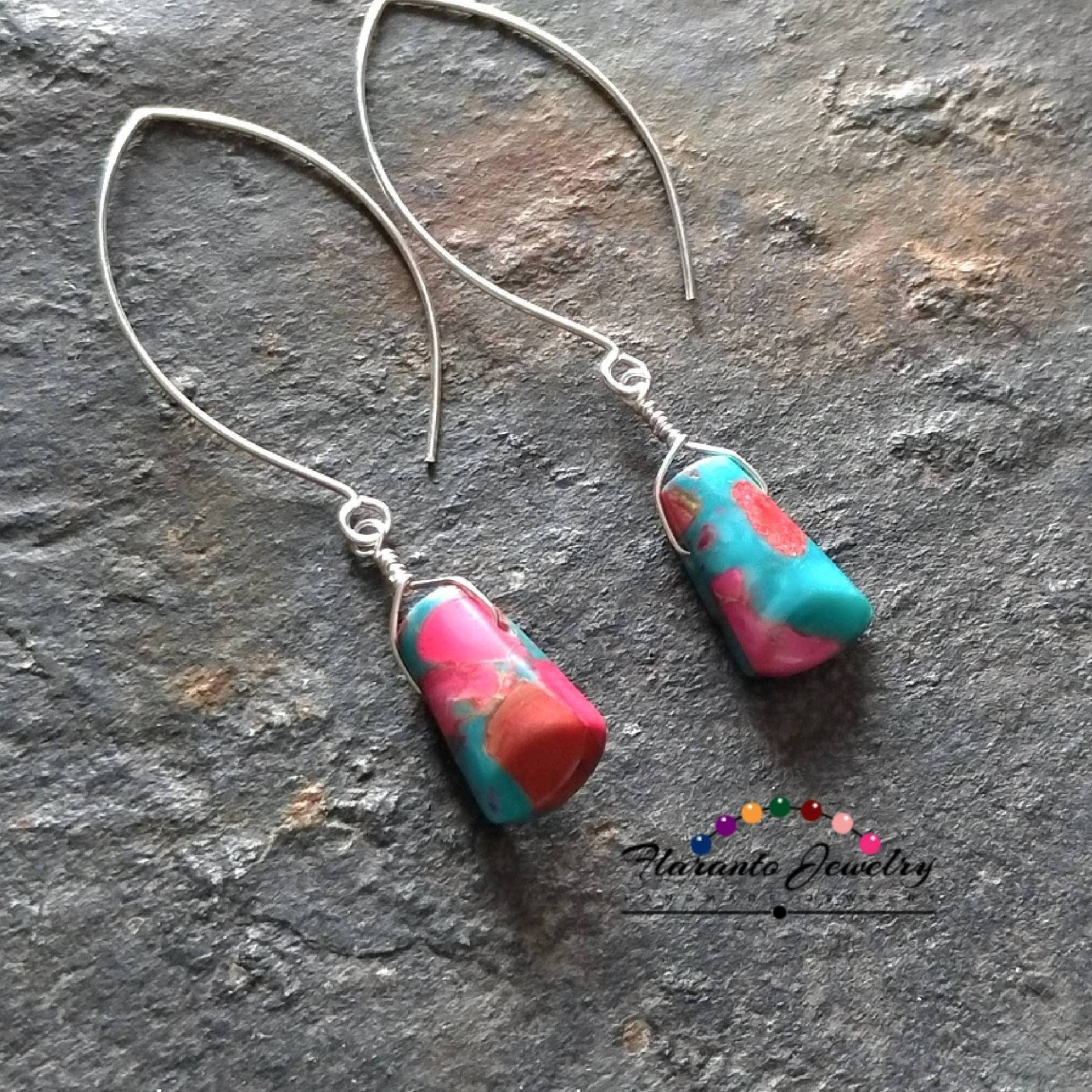 Rosa Und Blau Eindruck Jaspis Ohrringe, Edelstein Rosa Sterling Silber Kette Kostenloser Versand, Geschenk Für Sie von FlarantoJewelry