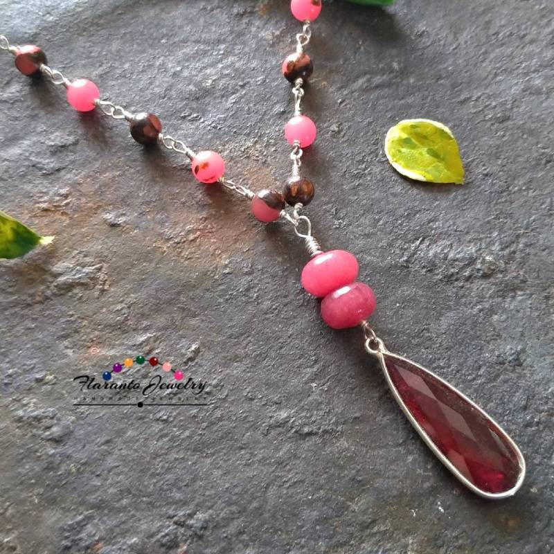 Rubellite Quarz Anhänger Halskette, Sterling Silber Edelstein Kette Pfirsich Serpentine Und Bronzite Geschenk Für Sie Rubellite Quarz Anhänger Halskette, Sterling Silber Edelstein Kette Pfirsich Serpentine Und Bronzite Geschenk Für Sie von FlarantoJewelry