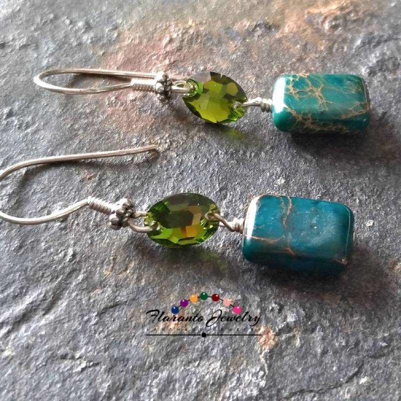 Swarovski-Kristall-Ohrringe, Swarovski Olive Ohrringe, Sterling Silber Rechteck Perlen Jaspis Geschenk Für Sie Swarovski-Kristall-Ohrringe, Swarovski Olive Ohrringe, Sterling Silber Rechteck Perlen Jaspis Geschenk Für Sie von FlarantoJewelry
