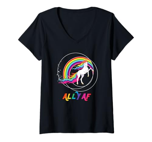Damen Ally AF Gay Pride Verbündete Schwulenstolz Einhorn T-Shirt mit V-Ausschnitt Damen Ally AF Gay Pride Verbündete Schwulenstolz Einhorn T-Shirt mit V-Ausschnitt von Flashcat Regenbogen Schwuler Stolz Queer AF LGBTQ