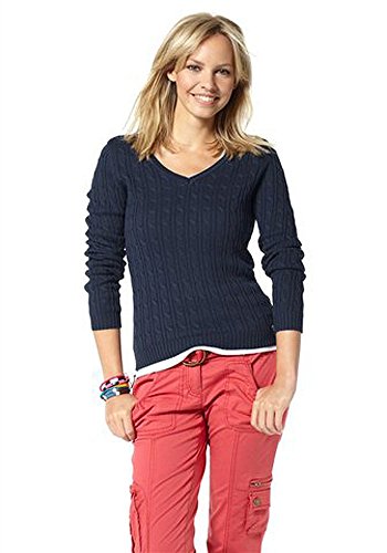 FLASHLIGHTS Damen Strick V-Pullover Zopfstrick Marine 44/46 von Flashlights